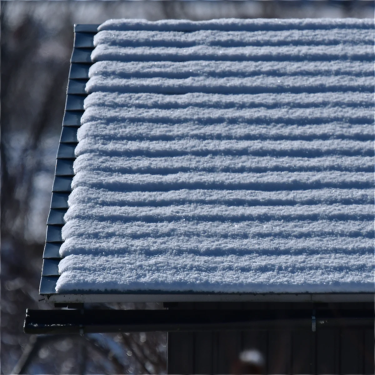 農作業小屋のトタン屋根に薄く雪が積もっている