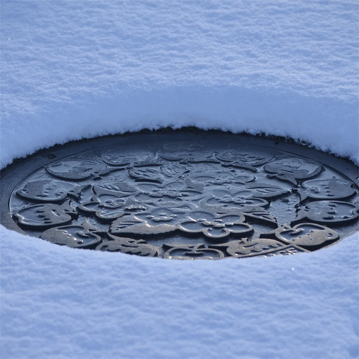 マンホールの蓋の部分だけ雪が溶けている