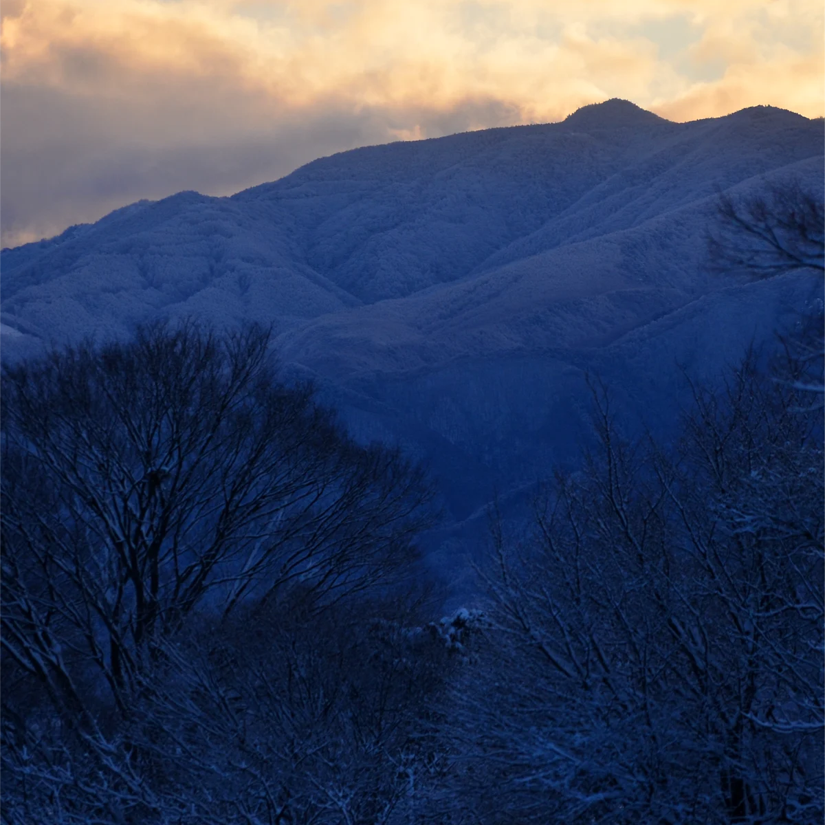 オレンジ色の空の下に青紫色の山並みが広がっている
