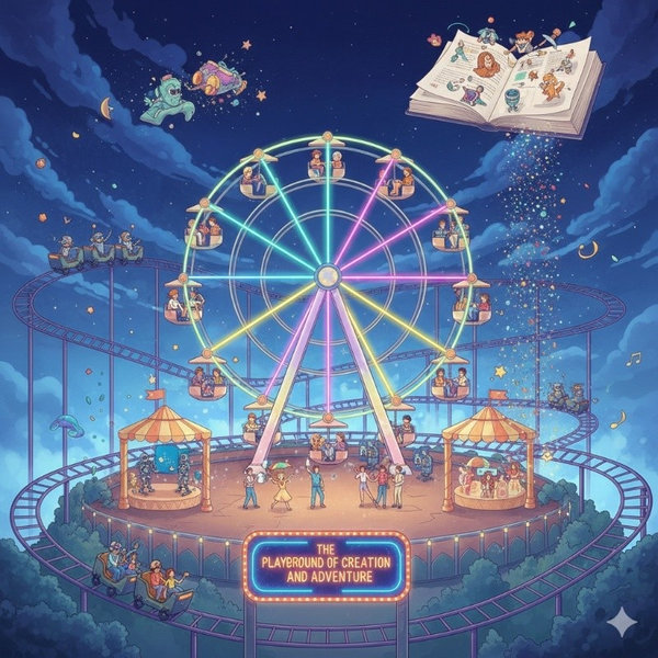 夜空に浮かぶ幻想的な遊園地のイラスト。虹色に輝く観覧車とジェットコースターが配され、下部には『THE PLAYGROUND OF CREATION AND ADVENTURE』のネオン看板がある。右上には開いた巨大な本から光の粒子が降り注ぎ、全体で自由な創造と冒険の空間を表現している。